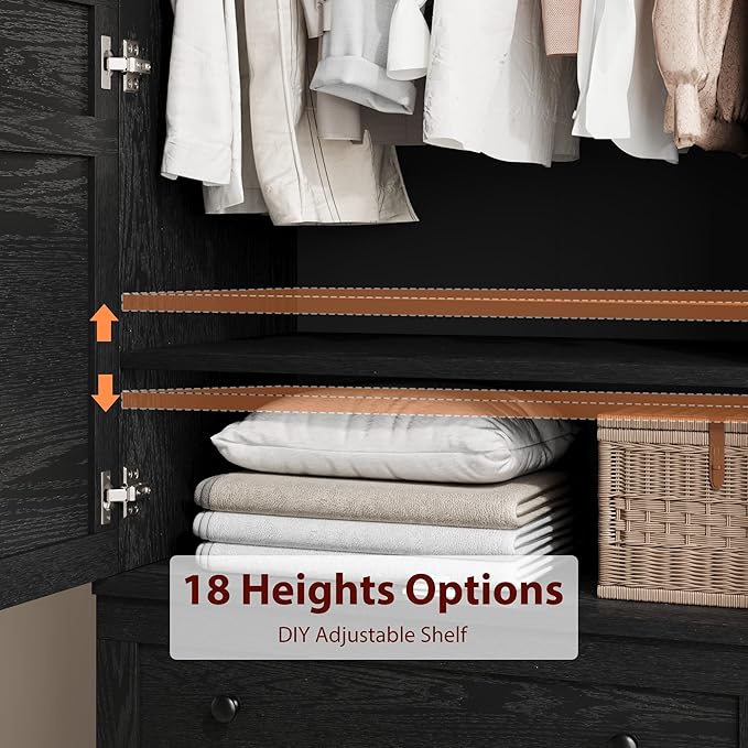 GarveeHome Armoire Wardrobe Closet with 2 Drawers,72 in Wooden Wardrobe Cabinet with Hanging Rod, Tall Clothing Armoire Cabinet with Doors and 18 Adjustable Shelves for Bedroom, Clothes, Black