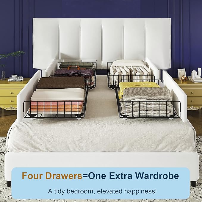VECELO Queen Size Bed Frame with 4 Storage Drawers, Adjustable Height Headboard, Heavy-Duty Platform Bedframe with Strong Wooden Slats, No Box Spring Needed, Pure White