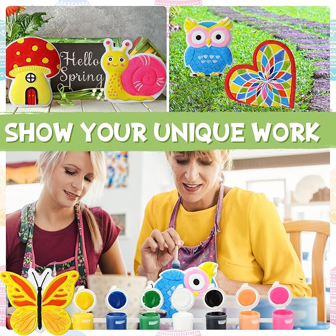 RoundFunny 10 Pack Spring Flower Paint Your Own Stones for Adult DIY Ceramic Butterfly Turtle Ladybug Stepping Stones Painting Craft Kits Painting Supplies Garden Outdoor Stone Art Gifts