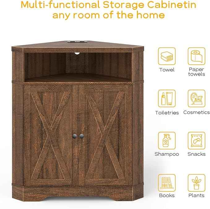 Vabches Corner Storage Cabinet, Small Corner Cabinet with USB Ports and Outlets Organizer, Barn Door Design and Adjustable Shelf, Living Room, Kitchen, Bathroom.Red-Brown