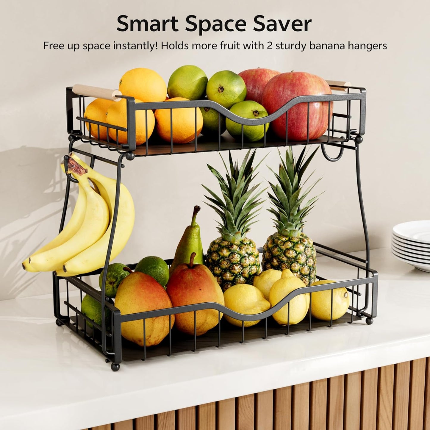 2 Tier Fruit Basket with 2 Banana Hangers, Fruit Bowl for Kitchen Countertop with 2 Wooden Handle, Detachable Metal Fruit Holder for Vegetable Bread with 2 Protective Pads, Black