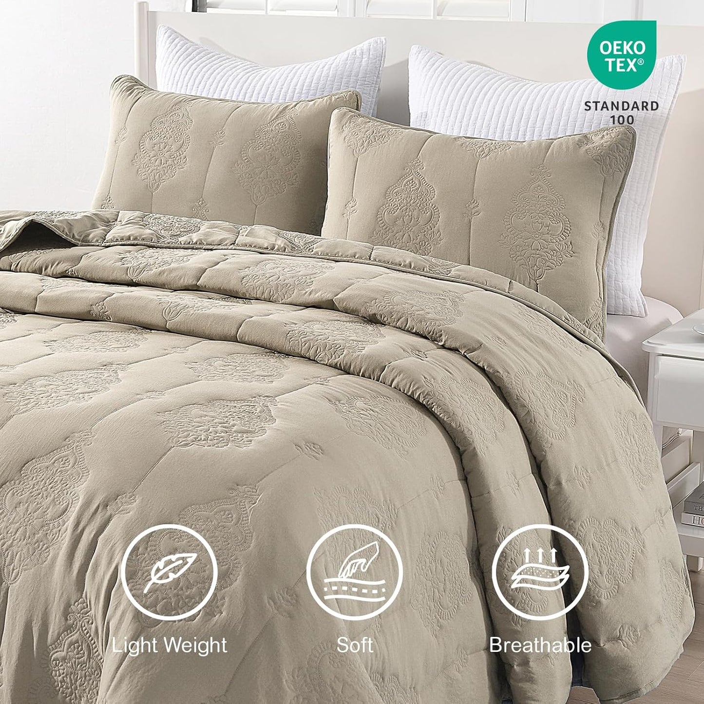 HORIMOTE HOME Khaki Quilt King Size Floral Quilt Bedspread Lightweight Soft Pre-Washed Microfiber Bedcover, 3 Pieces Thin Comforter Bed Cover Bedding Set for All Season