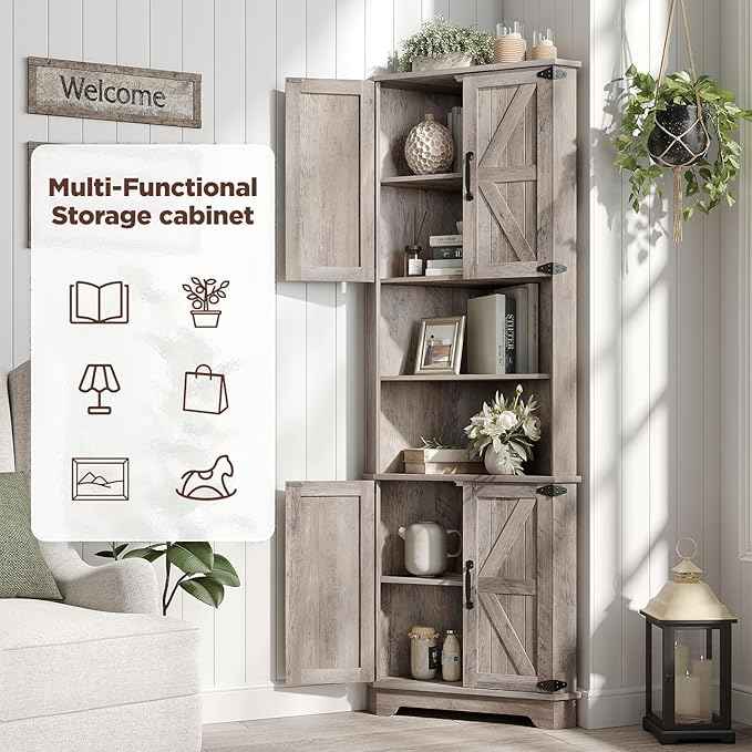 Vabches 68.9" Tall Corner Cabinet, Farmhouse Style Storage Cabinet with Adjustable Shelve, Barn Door Design, Home Space Saver for Kitchen,Bathroom, Living Room, Dining Room (Grey)