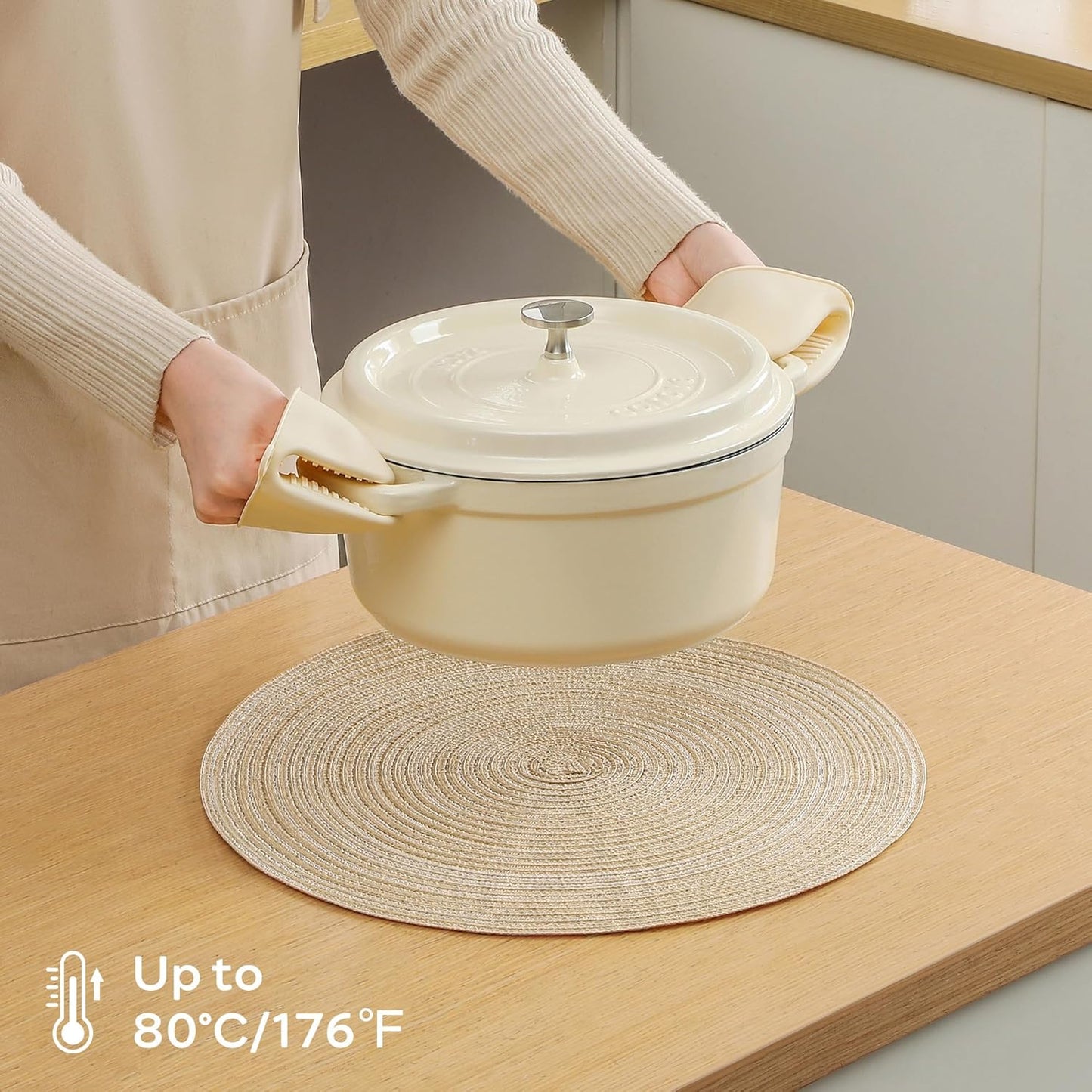 Leetaltree Round Placemats Heat and Slip Resistant Cotton Table Mats, Washable Bohemian Placemats for Dining Tables (Beige, Set of 8)
