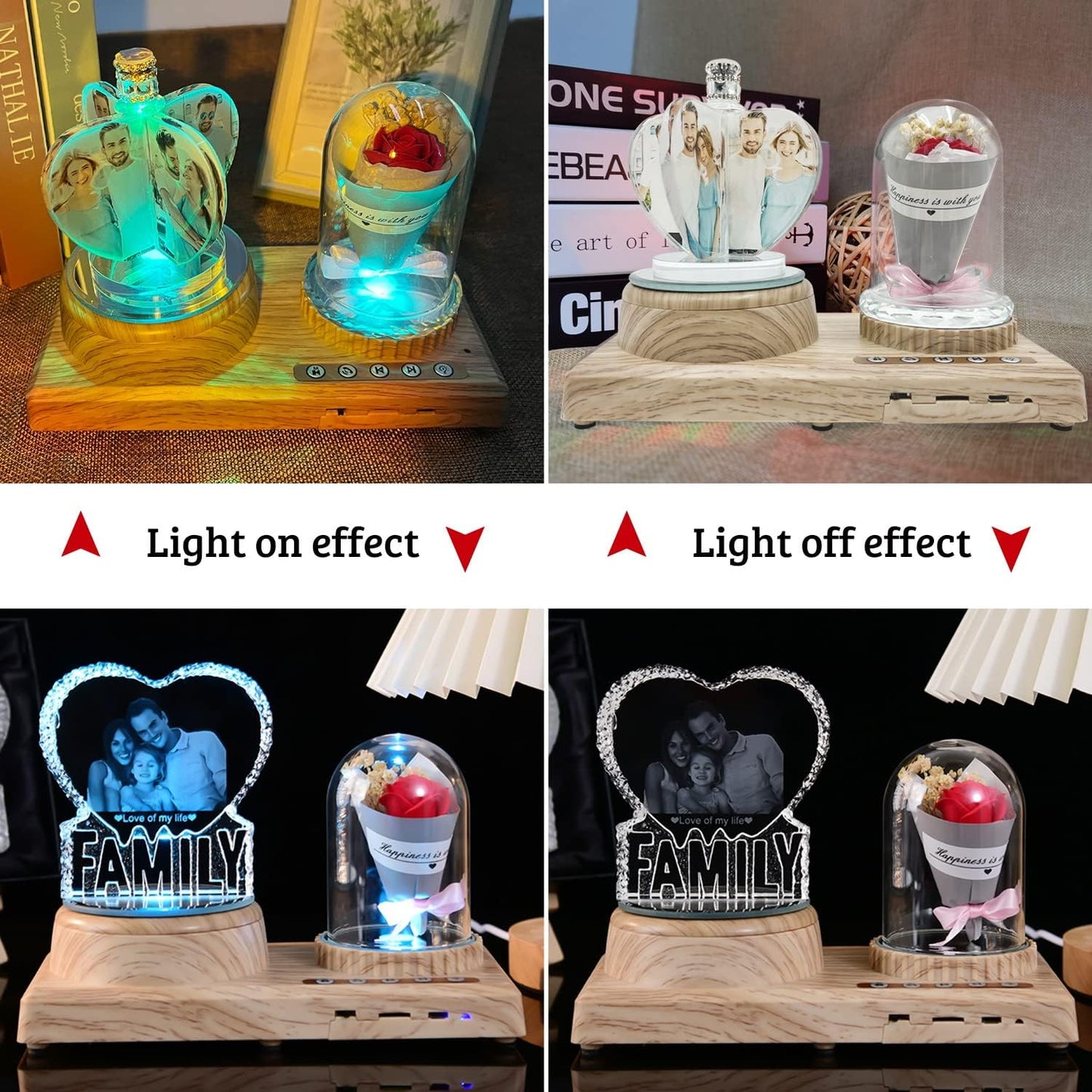 Heart-Shaped Photo Customization Night Light Personalized 3D Crystal Lamp 7 Color Light Rose Bluetooth Rotation Crystal Photo Frame Best Gift for Couple Love Women Men Wedding Christmas