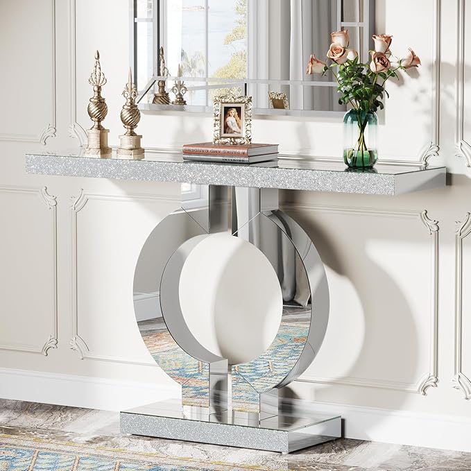 Tribesigns Modern Mirrored Console Table, Glass Sofa Table with Mirror Finish, 43-Inch Entryway Table with O-Shaped Base, Rectangular Accent Foyer Table for Living Room Hallway Entrance (Silver)