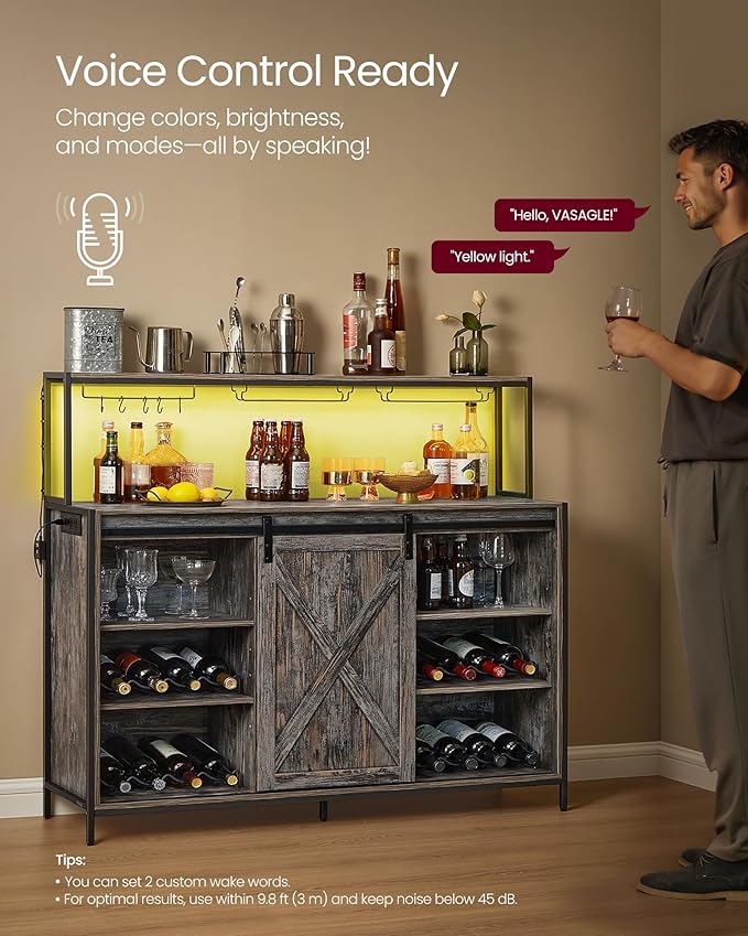 VASAGLE Coffee Bar Cabinet with Power Outlet and Voice Control LED Light, Buffet Cabinet with Sliding Barn Doors, S Hooks, Wine Glass Racks, Bottle Holders, Maple Gray ULSC201G01