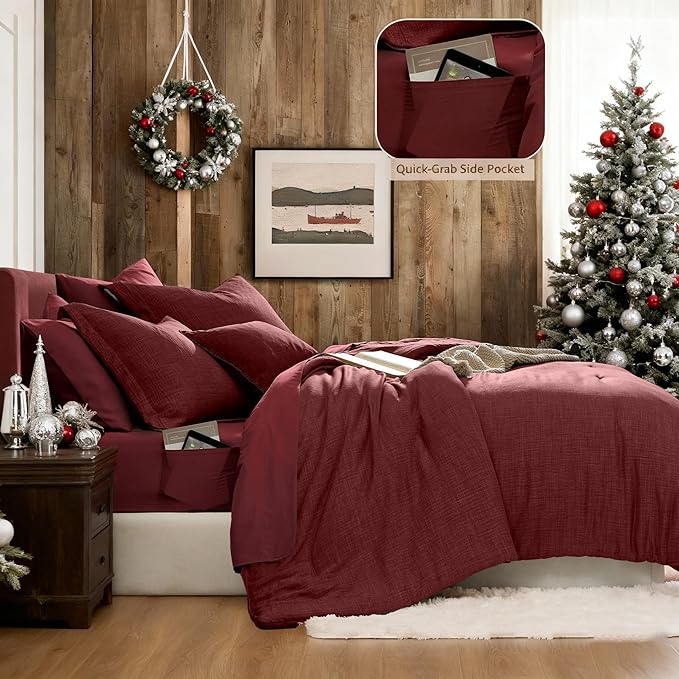Geniospin Full Comforter Set - 7 Pieces Comforter Full Size, Solid Bedding Set for All Season, Dark Red Textured Bed in a Bag with Sheets