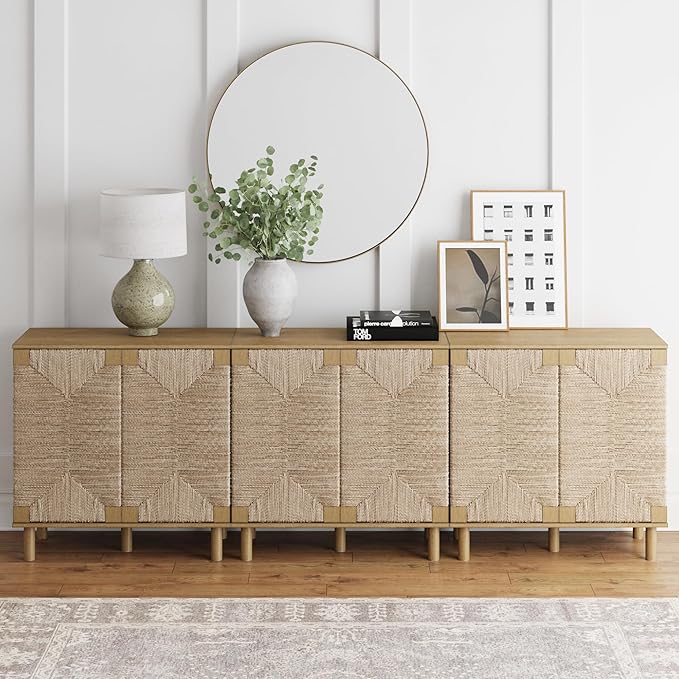 Nathan James Beacon Accent Natural Sideboard Storage Cabinet TV Stand in Light Wood with Adjustable Interior Shelf and Seagrass Doors, for Hallway, Entryway or Dining Room, Light Brown, Set of 3