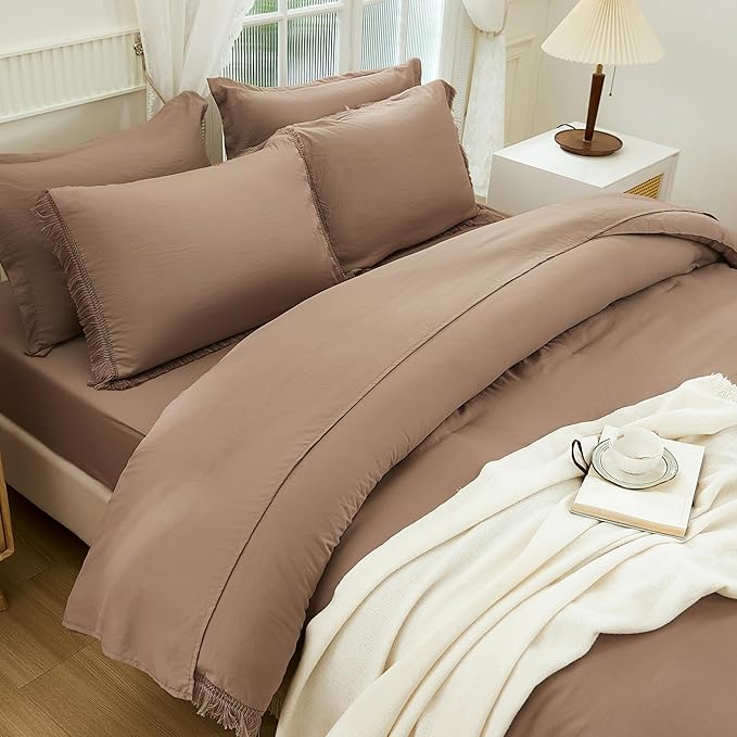 Andency Taupe Full Size Comforter Set with Sheets - 7 Pieces Boho Tassel Bed in a Bag Soft Lightweight Bedding Sets, Taupe Fringe Bed Set with Comforter, Sheets, Pillowcases & Shams