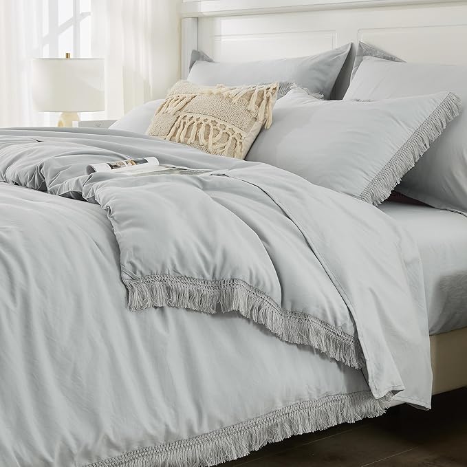 Andency Light Grey King Size Comforter Set with Sheets - 7 Pieces Boho Tassel Bed in a Bag Soft Lightweight Bedding Sets, Light Grey Fringe Bed Set with Comforter, Sheets, Pillowcases & Shams