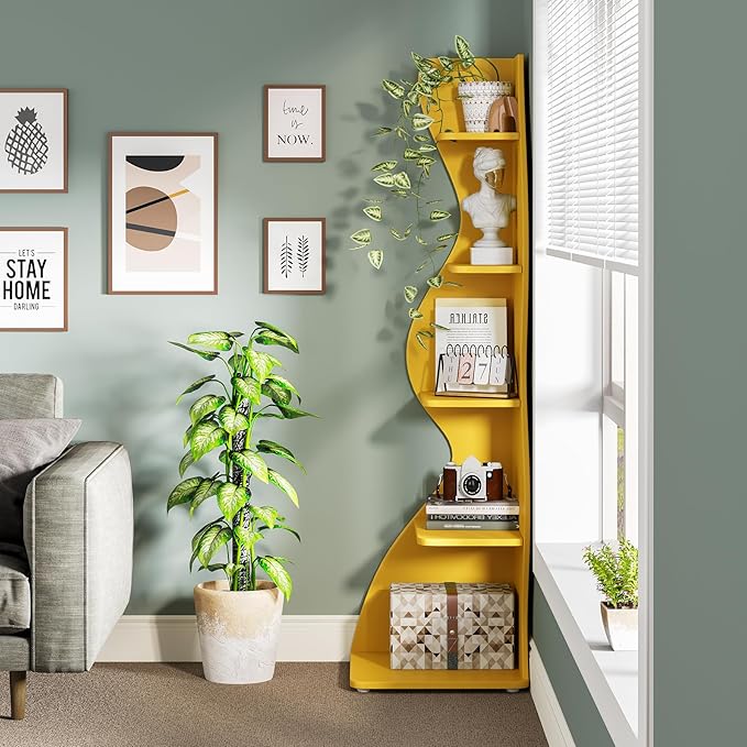 Tribesigns Corner Shelf, Modern 5-Tier Wall Corner Bookshelf, Stylish Corner Small Bookcase Storage Rack Plant Stand with Unique Shape for Living Room, Home Office (Yellow, 2PCS)