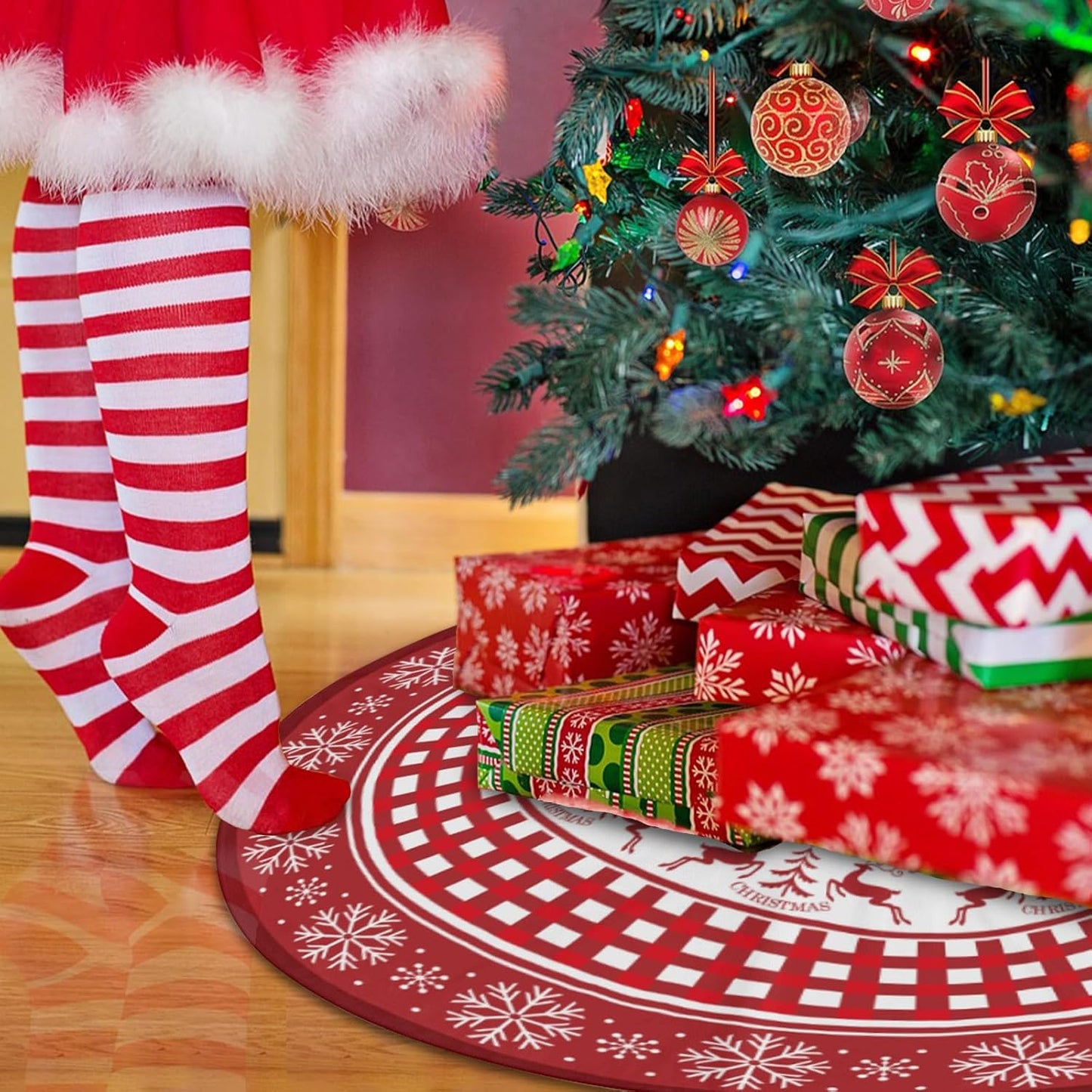 Christmas Tree Skirt, Red Tree Skirts 48 Inch with Snowflake Reindeer Rustic Farmhouse Xmas Tree Skirt Christmas Decorations for Holiday Party Decor Indoor Outdoor