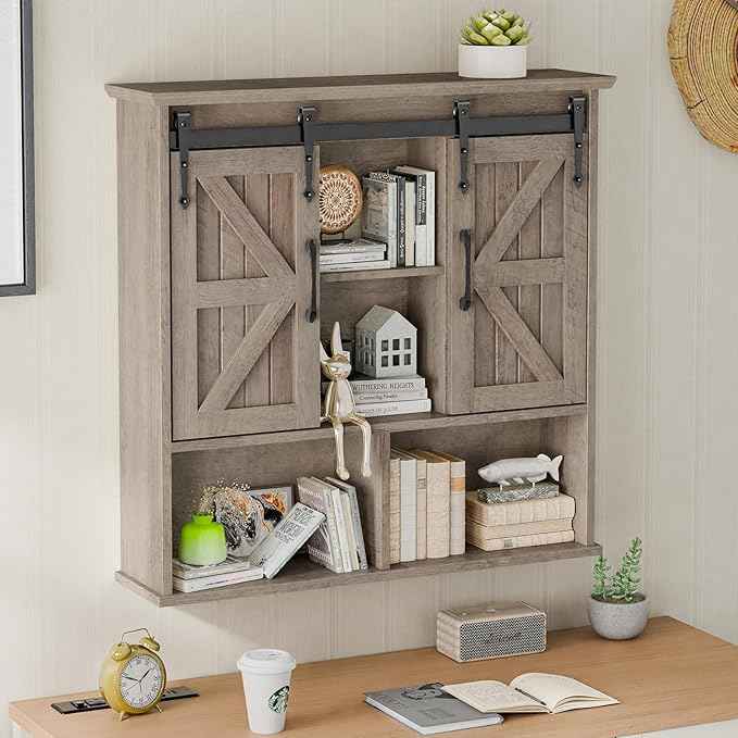 Vabches Bathroom Wall Cabinet, Farmhouse Wooden Medicine Cabinet with Double Sliding Barn Door and Adjustable Shelves, Farmhouse Storage Cabinet Wall Mounted for Bathroom, Kitchen Dining, Washed Oak