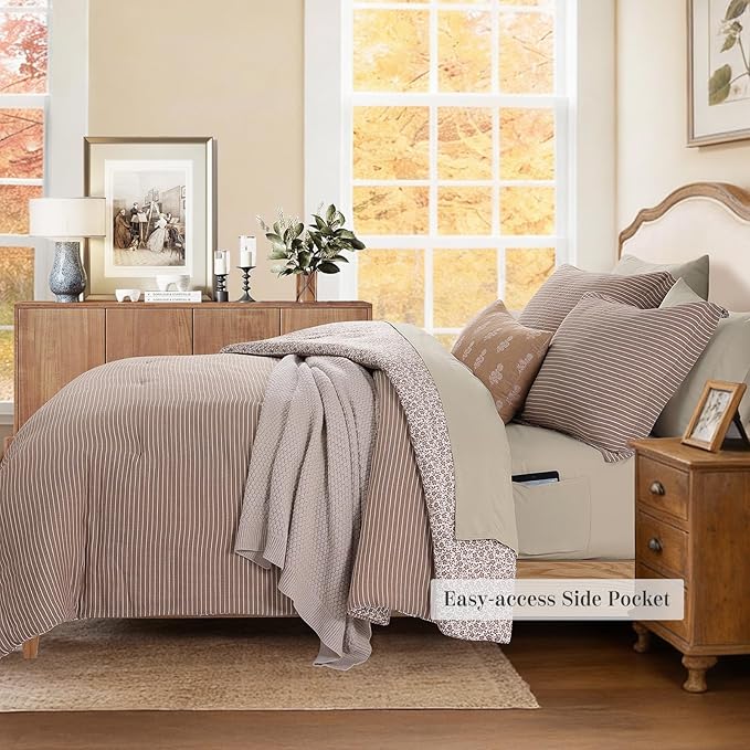 Queen Comforter Set - 7 Pieces Dark Brown Gauze Muslin Bedding Sets for All Seasons, Lightweight Breathable Bed in a Bag Queen with Revesible Farmhouse Comforter, Sheets, Pillowcases & Shams