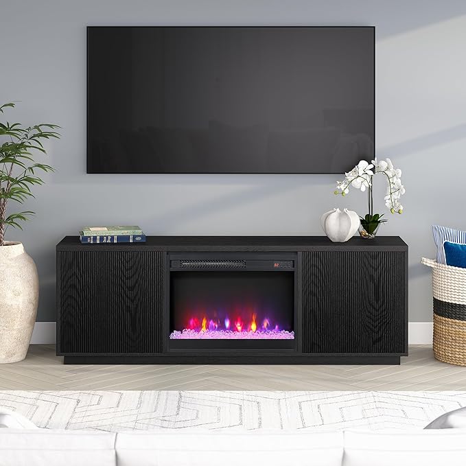 Henn&Hart Fluted TV Stand for TVs up to 75" with 26" Electric Crystal Rocks Fireplace and Ribbed Side Storage Cabinets for Living Room, Family Room, or Office, Natural Black