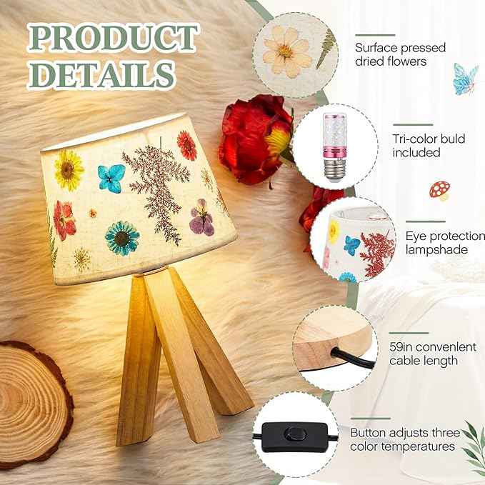 Hortsun Pressed Flower Lamp Vintage Table Small Lamp Cottagecore Decor Boho Night Light Decorative Rustic Night Light for Bedroom, Living Room or Office, Valentine Gift for Women (Trapezoid)