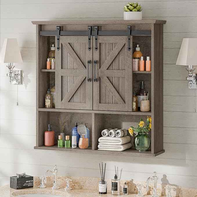Vabches Bathroom Wall Cabinet, Farmhouse Wooden Medicine Cabinet with Double Sliding Barn Door and Adjustable Shelves, Farmhouse Storage Cabinet Wall Mounted for Bathroom, Kitchen Dining, Washed Oak