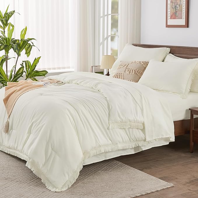 Andency Oversized King Comforter Set with Sheets 128x120 Ivory - 7 Pieces Bed in a Bag Boho Soft Lightweight Bedding Sets, Tassel Bed Set with Comforter, Sheets, Pillowcases & Shams