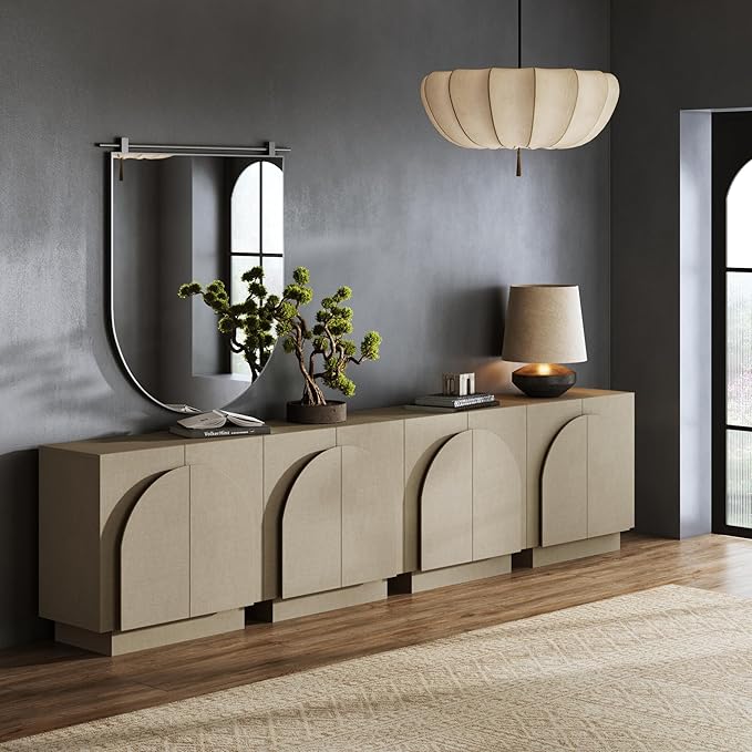 Nathan James Iris Mid Century Modern Arched Curio Cabinet with Beige Linen Finish, Wooden Storage Cabinet with Doors Set of 4