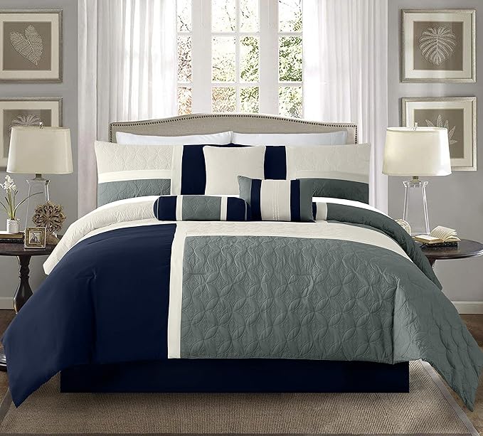 Chezmoi Collection Upland 7-Piece Quilted Patchwork Comforter Set, Navy/Blue/Gray, California King