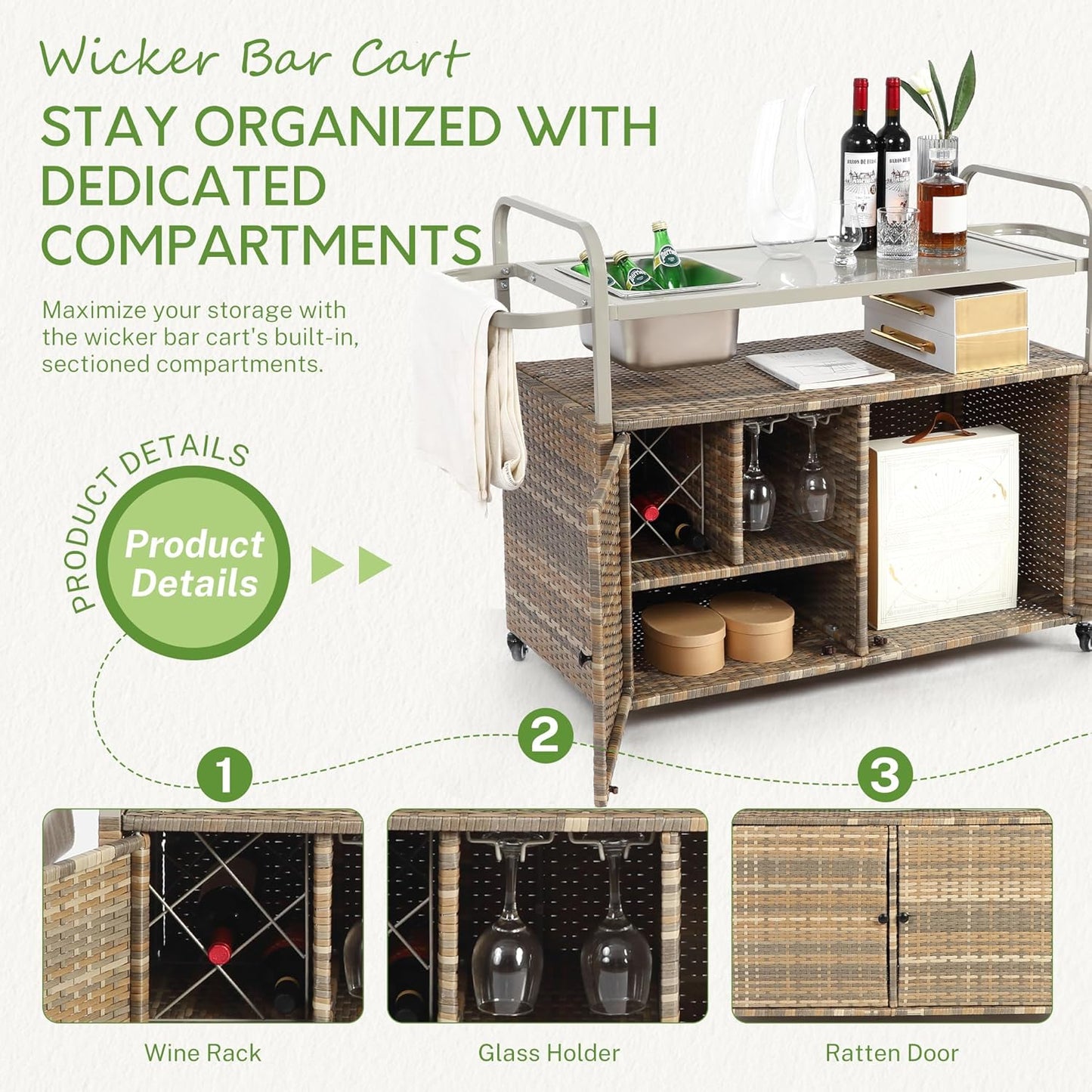 Wicker Outdoor Bar Cart with Ice Bucket, Patio Bar Table with 2 Ratten Doors Cabinet and Casters for Grill, Kitchen and Garden,Beige