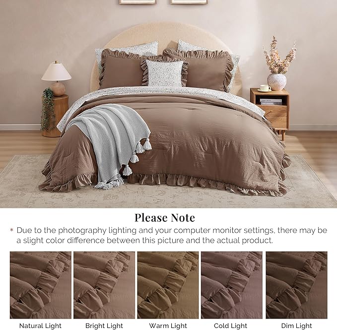 Queen Comforter Set - 7 Pieces Ruffle Amber Brown Bedding Sets, Shabby Chic Farmhouse Bed in a Bag with Ruffle Comforter, Floral Sheets, Pillowcases & Shams