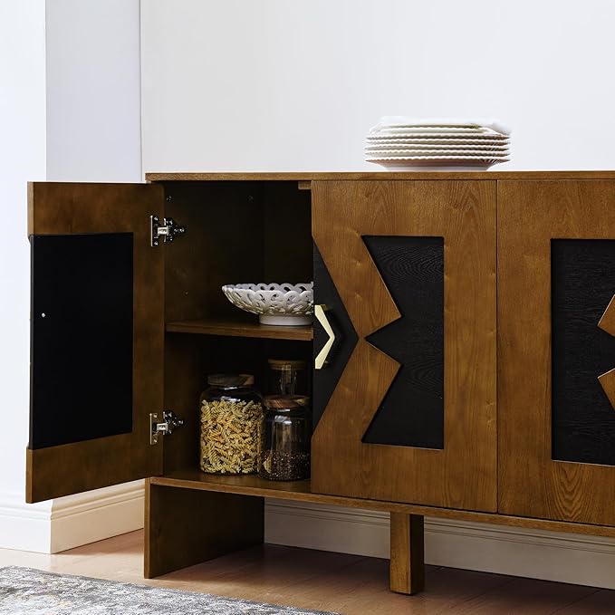Ball & Cast 60" Mid Century Modern Sideboard Buffet Cabinet with Storage, Credenza & Media Console w/Geometric Pattern Doors & Adjustable Shelves for Living Room,Kitchen Coffee Bar,Entryway,Walnut