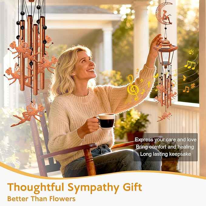 Large Solar Moon Fairy Wind Chimes, Gifts for Women Mom Grandma Wife Sister Daughter Neighbor, Classic Bronze Wind Chimes with Wind Catcher, Solar Decor Lights for Outdoor Garden Patio Porch Window
