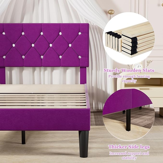 VECELO Twin Size Bed Frame, Upholstered Platform with Adjustable Diamond Tufted Headboard, Wood Slat Support, No Box Spring Needed, Purple
