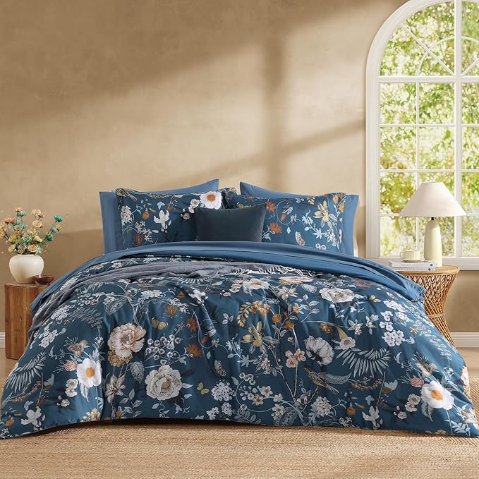 CASAAGUSTO Full Size Comforter Sets - 7 Pieces Blue Floral Bedding Sets, Bed in a Bag Full with Botanical Butterfly Comforter, Sheets, Pillowcases & Shams for All Seasons