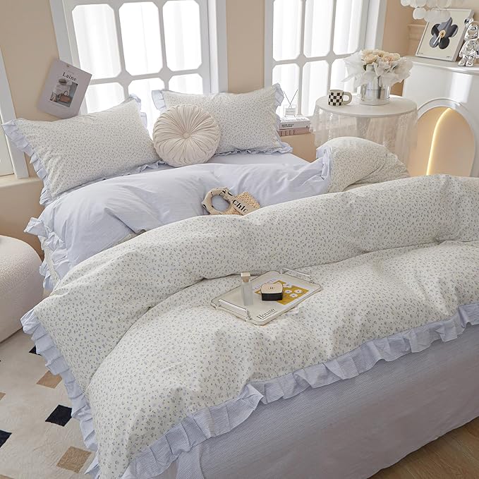 LifeTB Twin XL Comforter Set Blue Floral Bedding Comforter Fluffy Soft Microfiber Cottagecore Bedding Set Floral Ruffle Comforter with 2 Pillowcases Cute Flower Botanical Comforter Set for Teen Girls