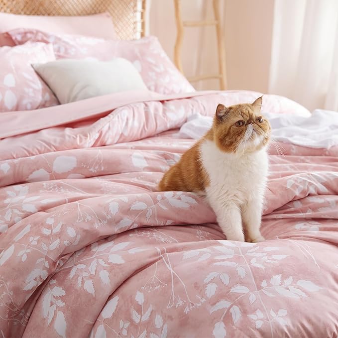 Bedsure Full Size Comforter Set - 7 Pieces Floral Pink Soft Bedding Sets, Full Bed in a Bag with Botanical Flowers Comforter, Sheets, Pillowcases & Shams