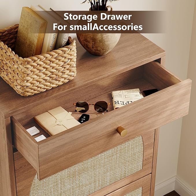 Nicetree Shoe Cabinet for Entryway, Slim Shoe Rack with 2 Flip Drawers and Top Storage Drawer, Narrow Shoe Organizer with Printed Rattan-Look Design, Entryway Shoe Storage for Size 12 Shoes, Caramel
