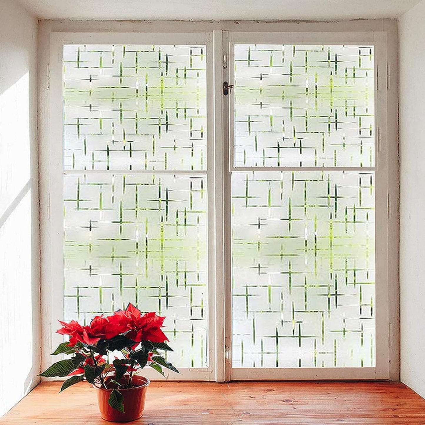 Finnez Frosted Window Film Non-Adhesive, Frosting Privacy Film for Glass Windows, Self Static-Cling Decorative Window Cling for Home Office UV Protection Cross Pattern 17.5 x 157.4 inches