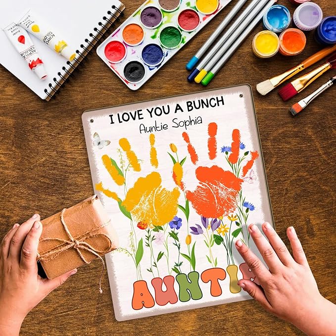 DIY Baby's First Mothers Day Handprint Flowers Hanging Sign Gifts for New Aunt, Floral Garden for First Time Auntie with Kids Toddler Handprint Art Craft Keepsake Mothers Day for Best Aunt Ever Gifts