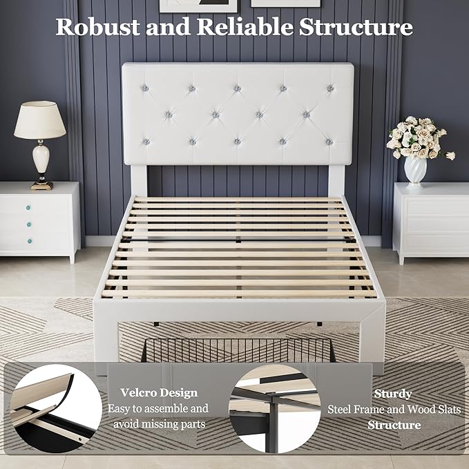VECELO Twin Size Bed Frame with Storage Drawers, Leather Upholstered with Diamond Tufted Headboard, Solid Wood Slat Support, No Box Spring Needed, PU & White