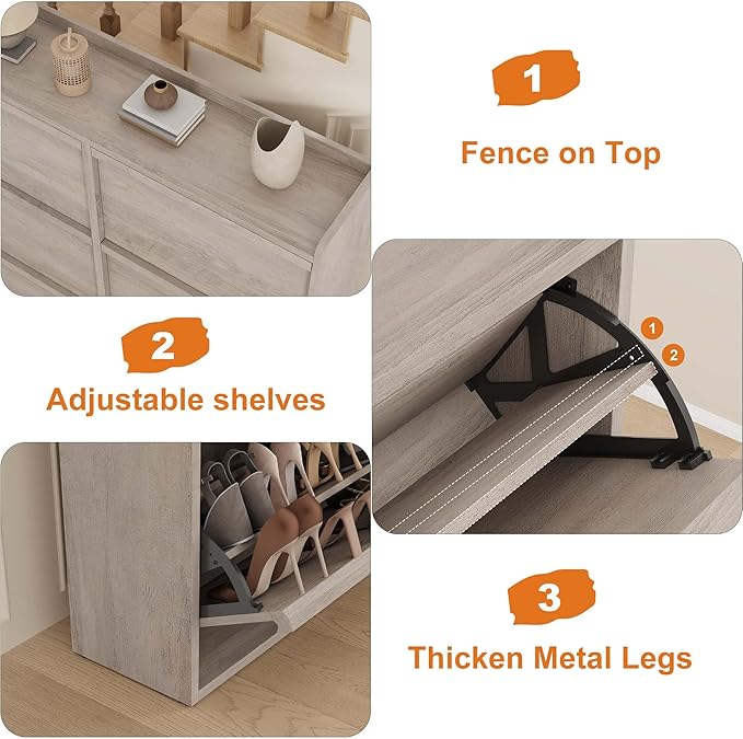 GarveeHome Shoe Cabinet with 6 Flip Drawers, Wooden Shoe Organizer Cabinet with Adjustable Shelf, Shoe Storage for Entryway, Hidden Shoe Cabinet for Hallway, Living Room, Grey