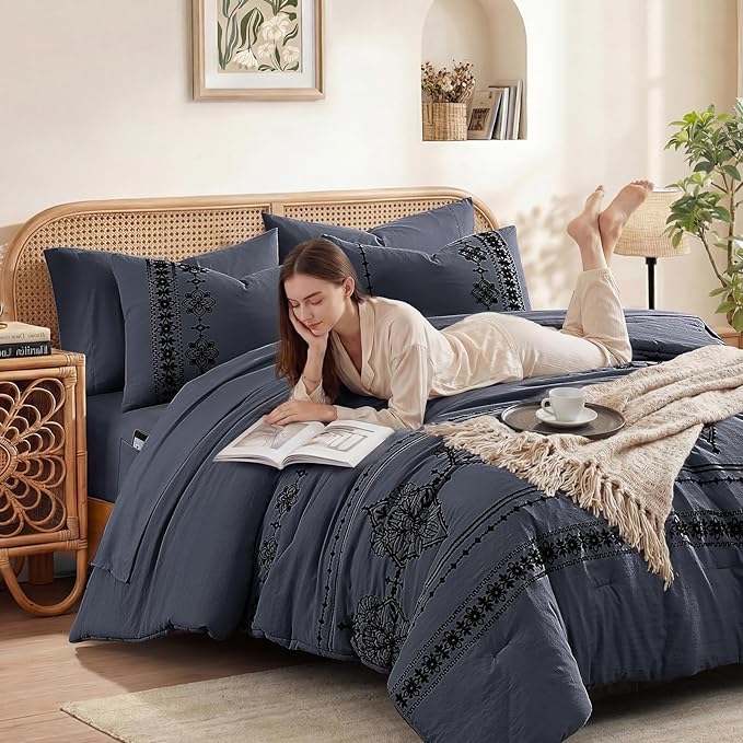MaiRêve King Size Comforter Set Crown Blue, Embroidery Floral Western Boho Bedding Set, All Season 7 Pieces Bed in a Bag with Sheets, Pillowcases & Shams