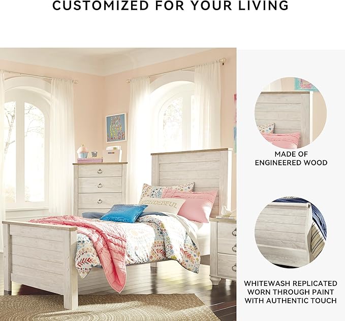 Signature Design by Ashley Willowton Casual Twin Panel Bed with Metal Slats, Foundation or Box Spring Needed, Whitewash