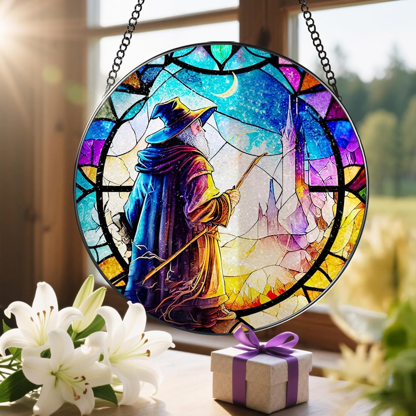 Stained Glass Window Hanging, LAOWEIKI 8'' Witch Suncatcher, Stained Glass Ornament, Suncatchers for Windows Hanging, Window Decor, Outdoor or Indoor, Gifts for Friends