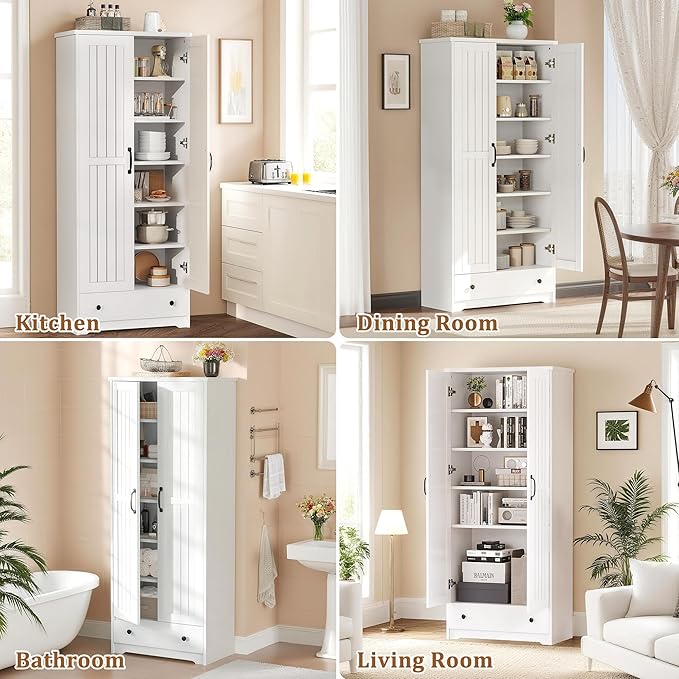 70" Tall Storage Cabinets, Large Wood Storage Pantry Cabinet with 6 Adjustable Shelves, Drawer & 2 Striped Doors, Standing Utility Cabinet for Kitchen, Dining Room, Bathroom (White)