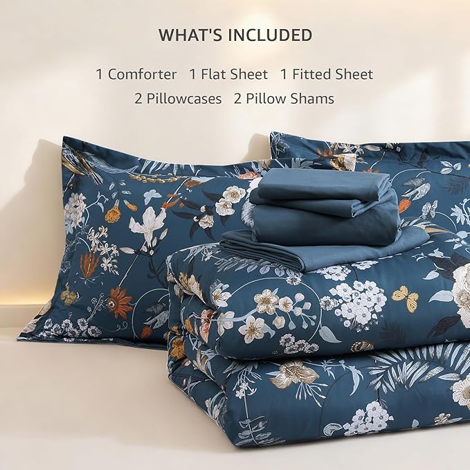 CASAAGUSTO King Size Comforter Set - 7 Pieces Blue Floral Bedding Sets, King Bed in a Bag with Botanical Butterfly Comforter, Sheets, Pillowcases & Shams for All Seasons