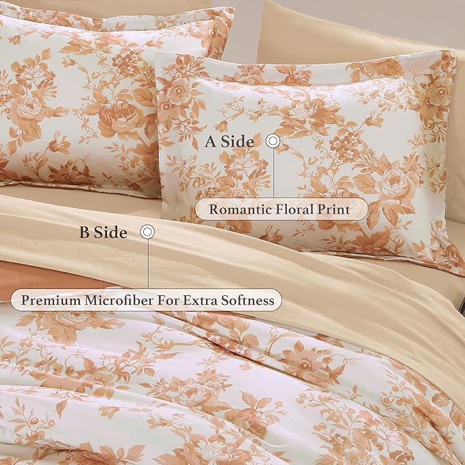 King Comforter Set -7 Pieces Autumn Leaf Floral Comforter Set for All Seasons, Bed in a Bag King with Botanical Flowers Comforter, Sheets, Pillowcases & Shams