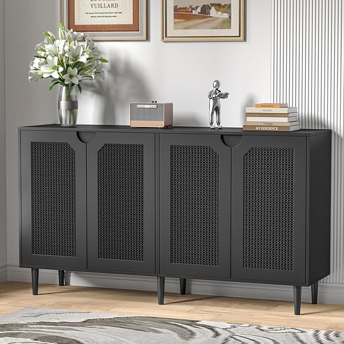 63" Rattan Sideboard Buffet Cabinet with 4 Doors, Wood Large Kitchen Storage Cabinet Black Accent Cabinet with Adjustable Shelf Credenzas for Kitchen Living Room Hallway
