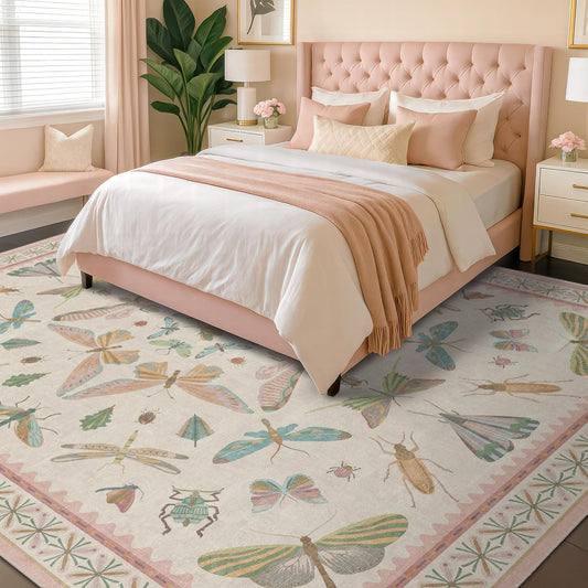 Cute Rugs for Bedroom Girls - Pink Living Room Rugs 8X10, Dining Room Table, Washable Pastel Flower Insect Print Whimsical Décor