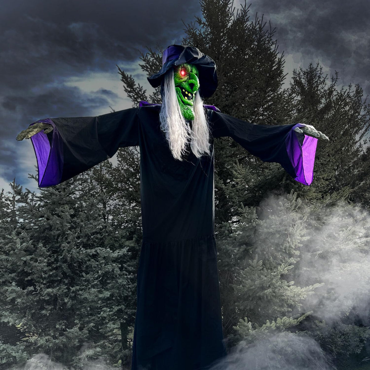 15.1 Ft. Mounted Flying Witch Animatronic with Lights (15ft Animated Towering Witch)