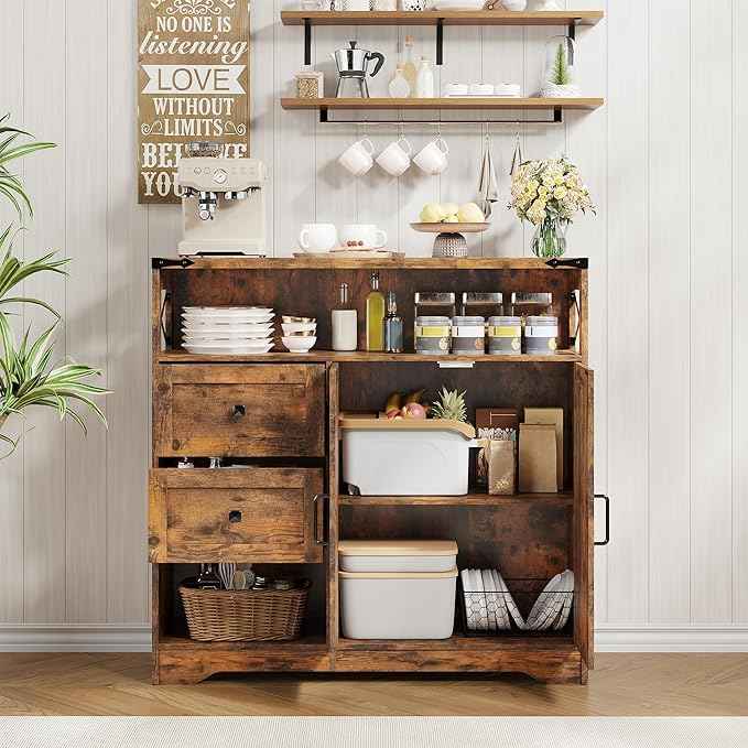 Vabches Farmhouse Buffet Sideboard Cabinet with Drawers and Open Shelf, 38.5" Storage Cabinet with Adjustable Shelves and Door, Modern Coffee Bar Hutch Pantry for Kitchen, Living Room, Entryway, Brown