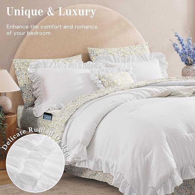 Queen Comforter Set - 7 Pieces Ruffle White Bedding Sets, Shabby Chic Farmhouse Bed in a Bag Queen with Ruffle Comforter, Floral Sheets, Pillowcases & Shams