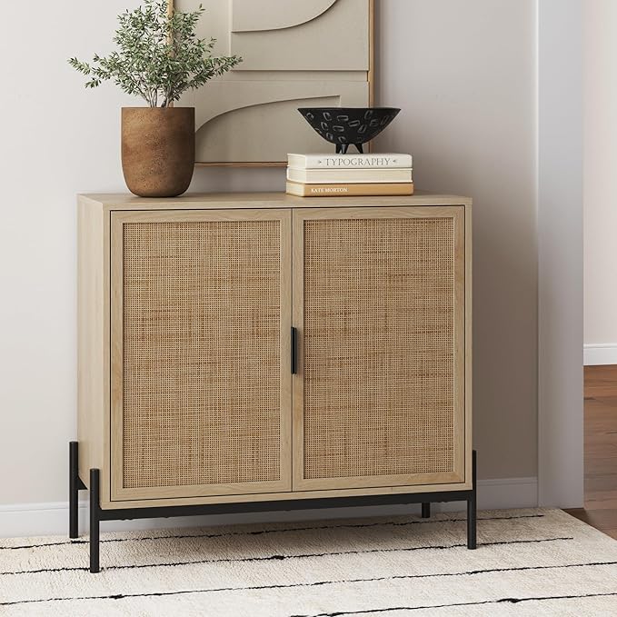 Nathan James Andrew Bohemian Entryway Storage Cabinet or Kitchen Sideboard Credenza, Rattan Accent Cabinet with Metal Legs, Light Oak/Matte Black